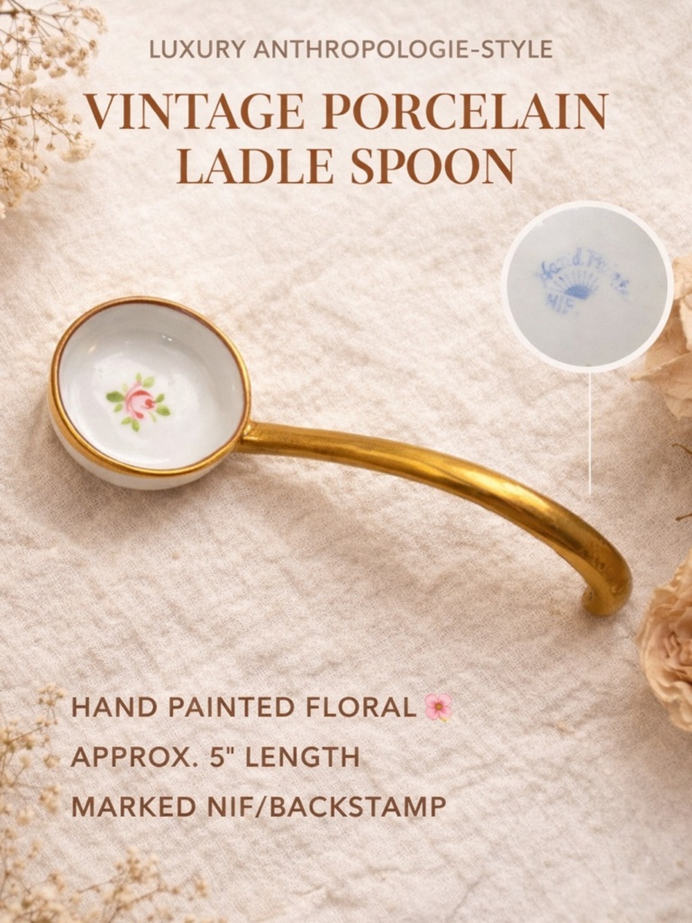 Vintage Hand Painted Porcelain Ladle Spoon Gold Handle Floral